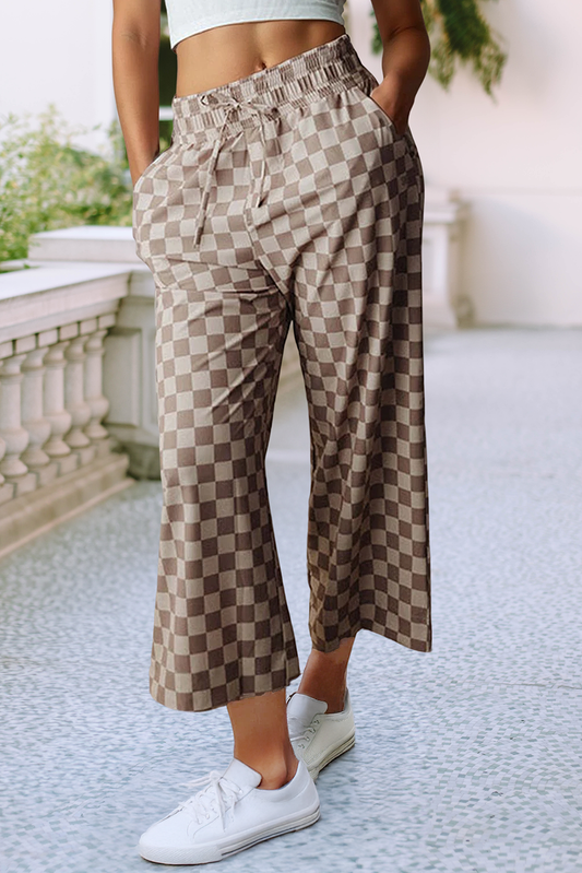 Tie Elastic Waist Checkered Loose Pants