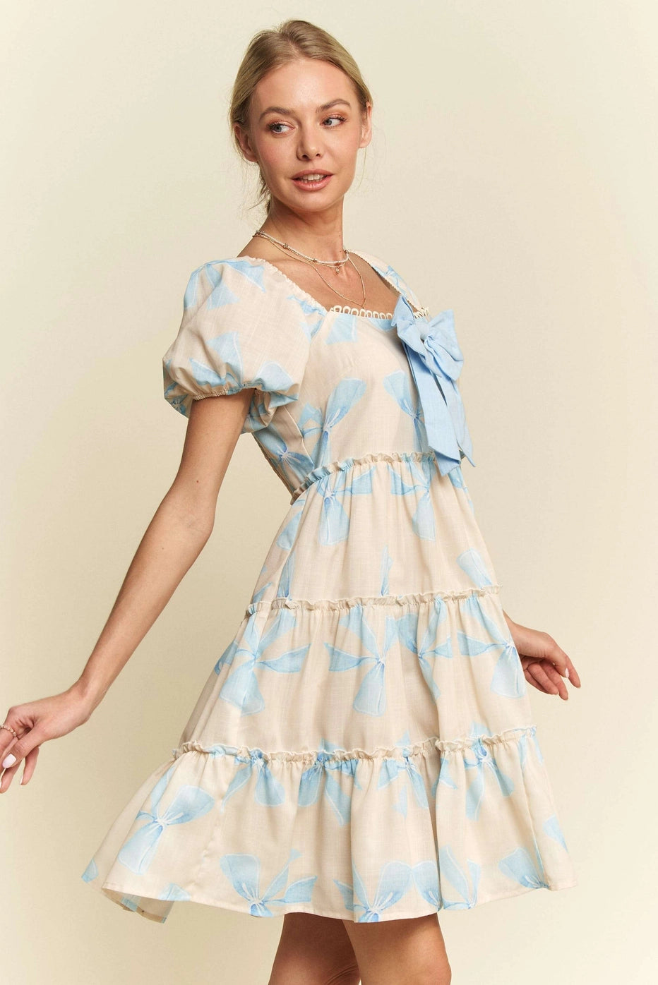 Bow Printed Puff Smocking Back Tiered Dress - Blue