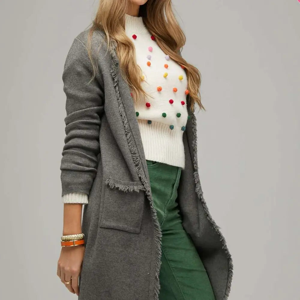 Curvy Girl Solid Long Sleeve Fringe Cardigan