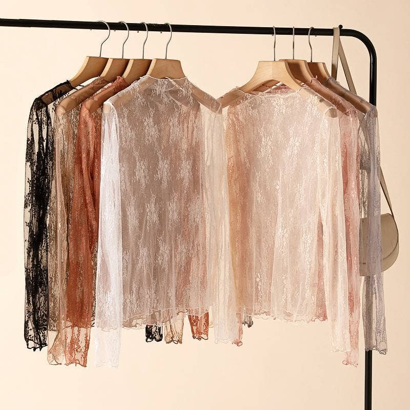 Semi Sheer Mesh Floral Lace Layering See Through Top