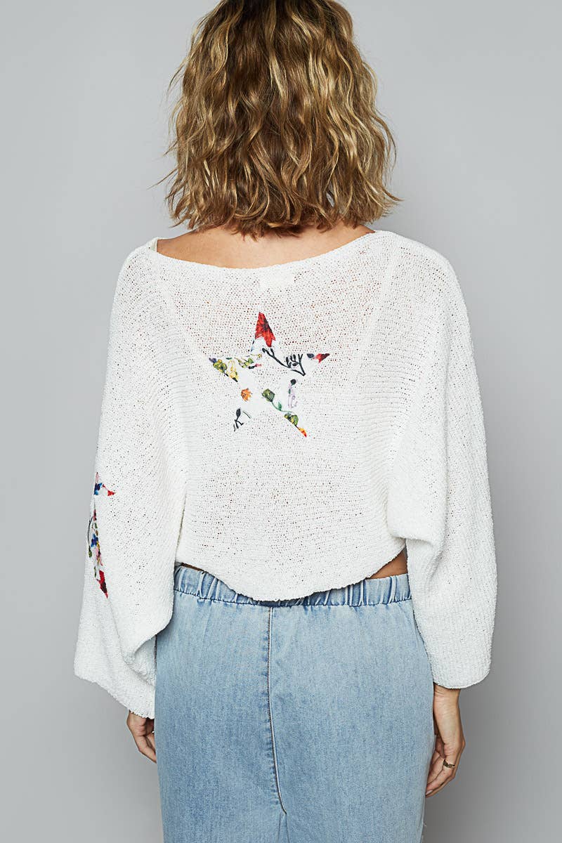 Long Sleeve Solid Star Thin Sweater Cropped Top