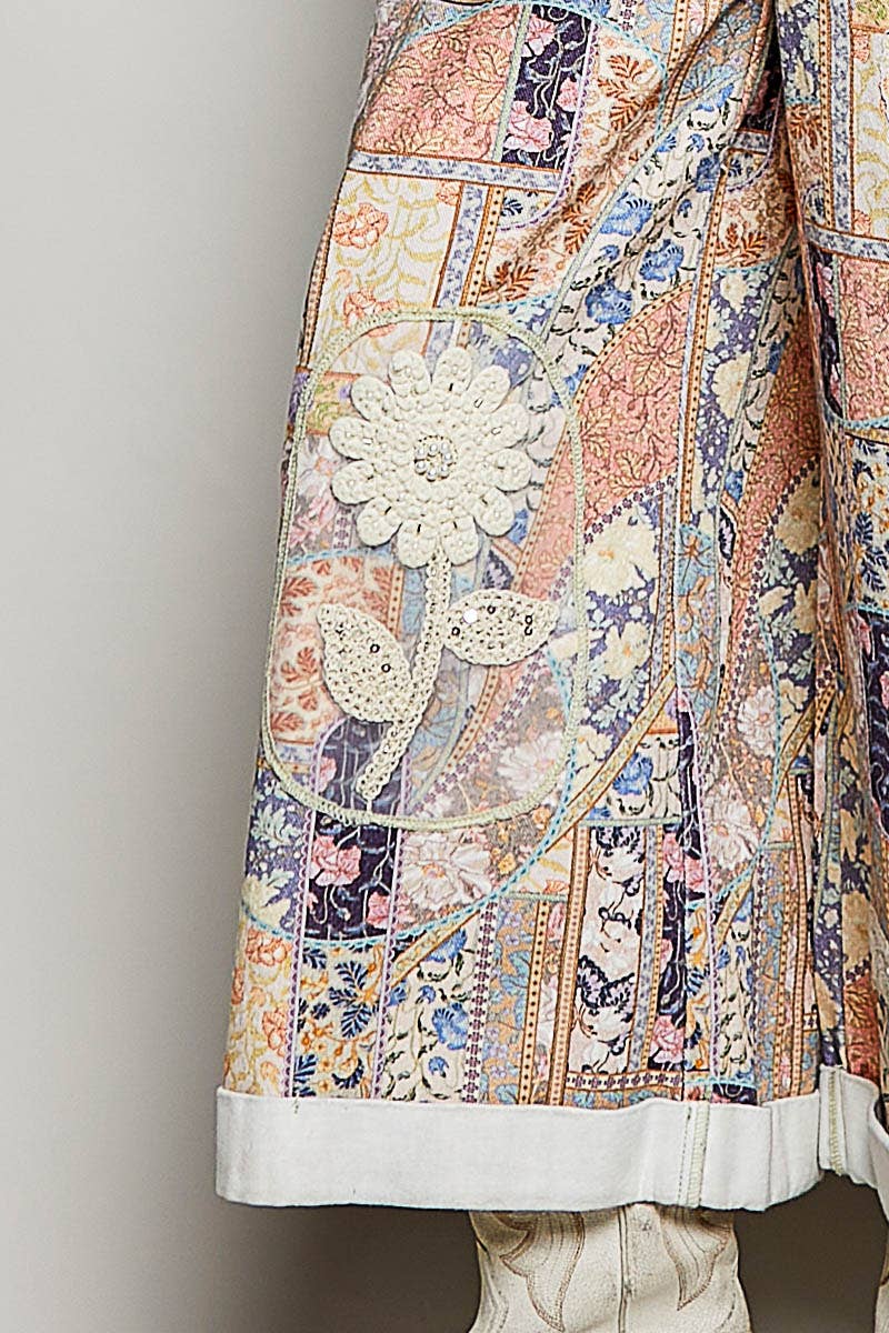 Floral Crochet Pearl Patch Roomy Fit Twill Overalls