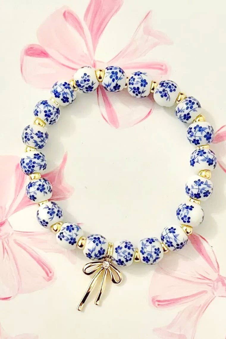 Bow Charm Floral Porcelain Bracelet