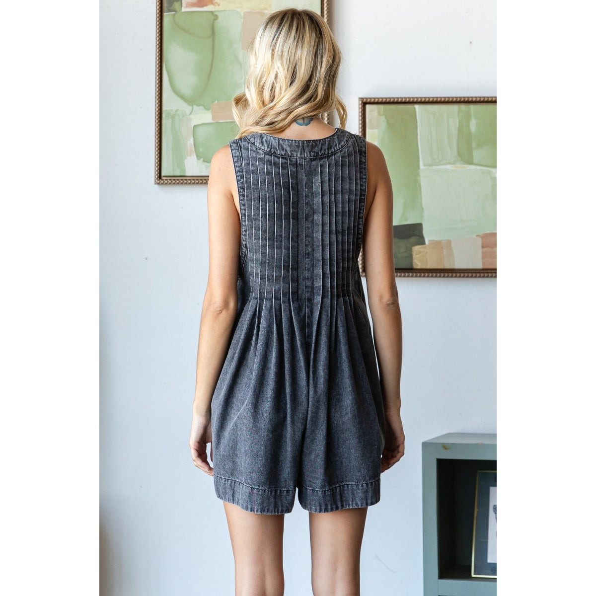 V-Neck Sleeveless Denim Romper - Charcoal
