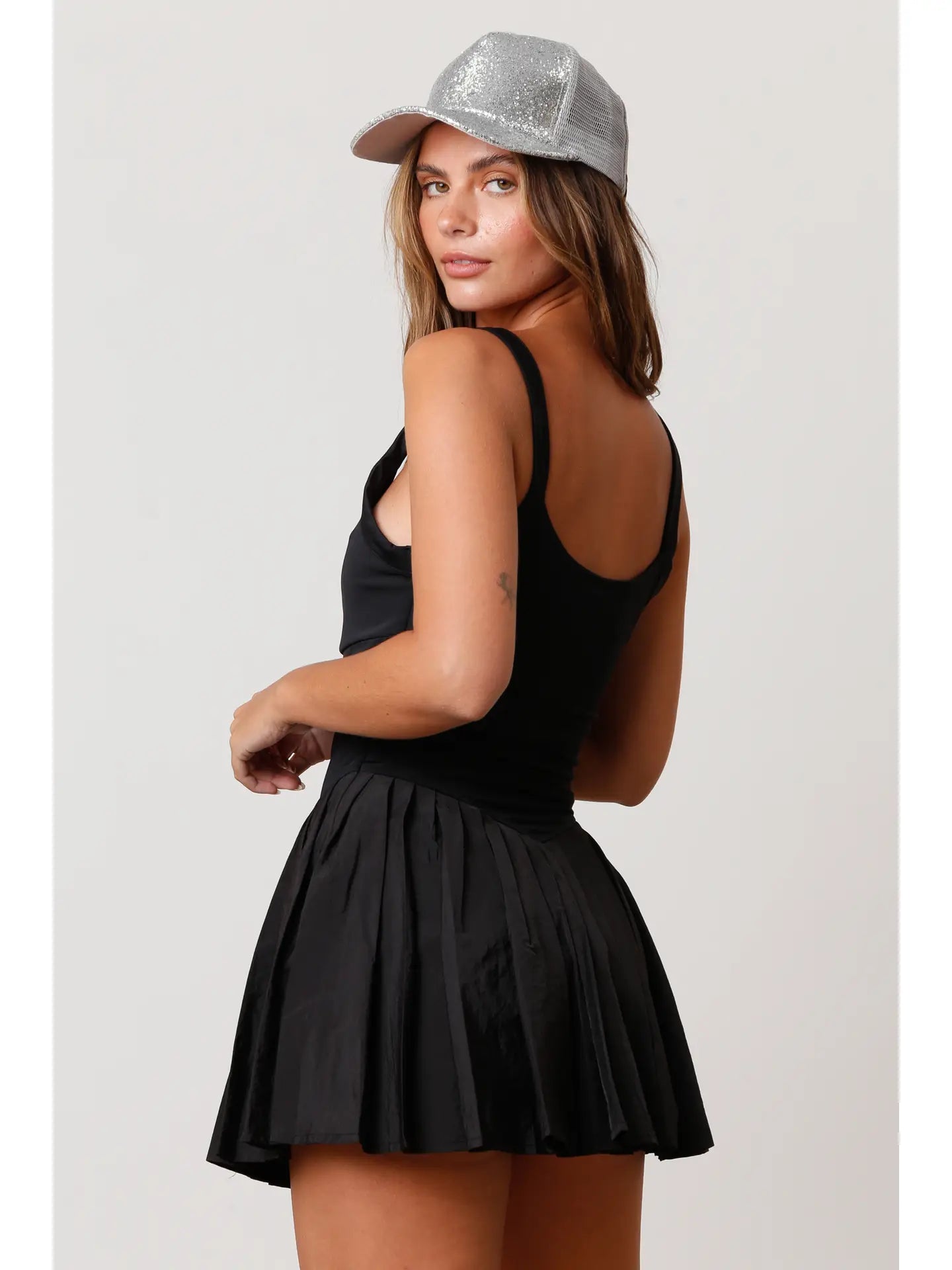 Sporty Pleated Romper - Black