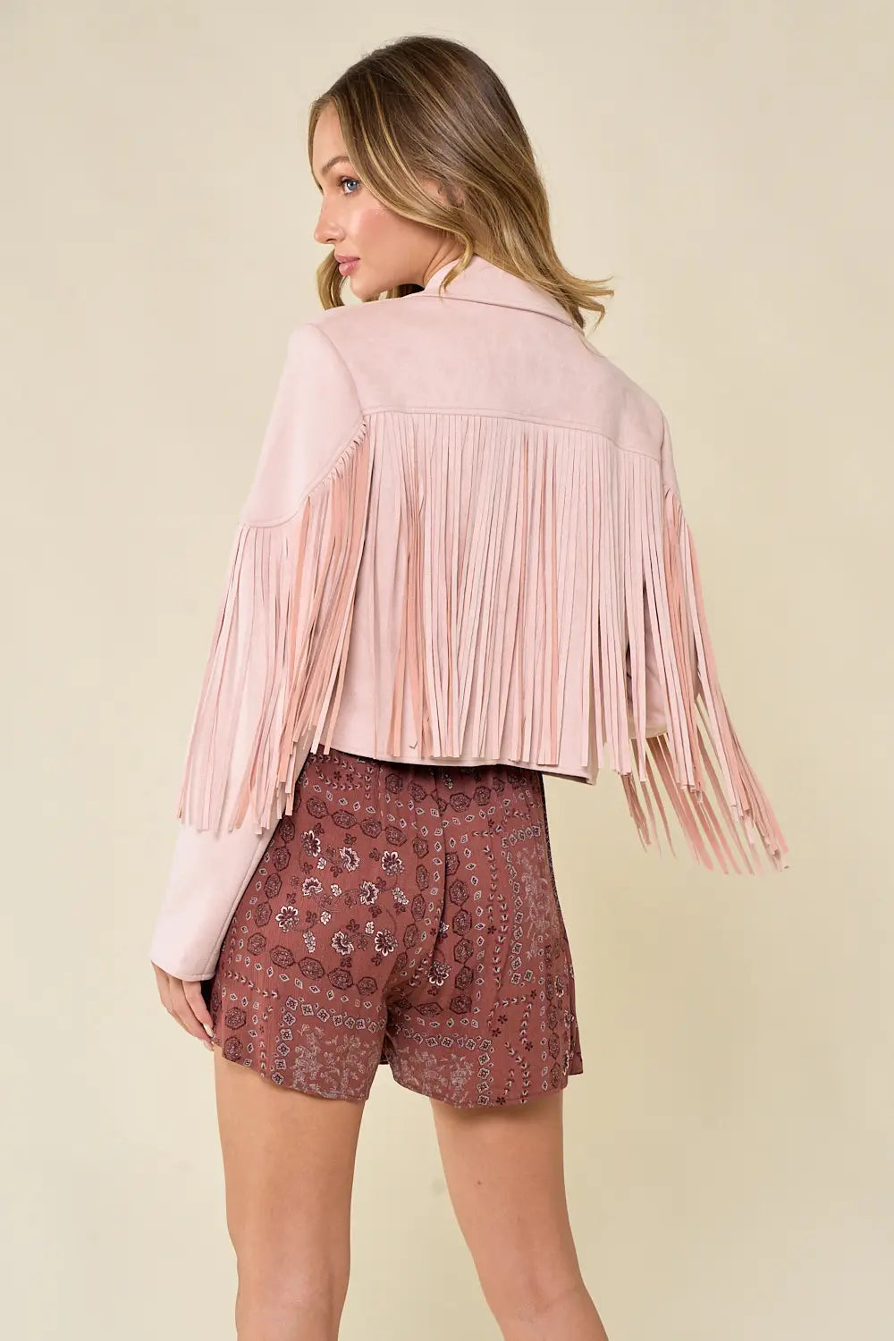 Blush Faux Suede Fringed Western Moto Jacket