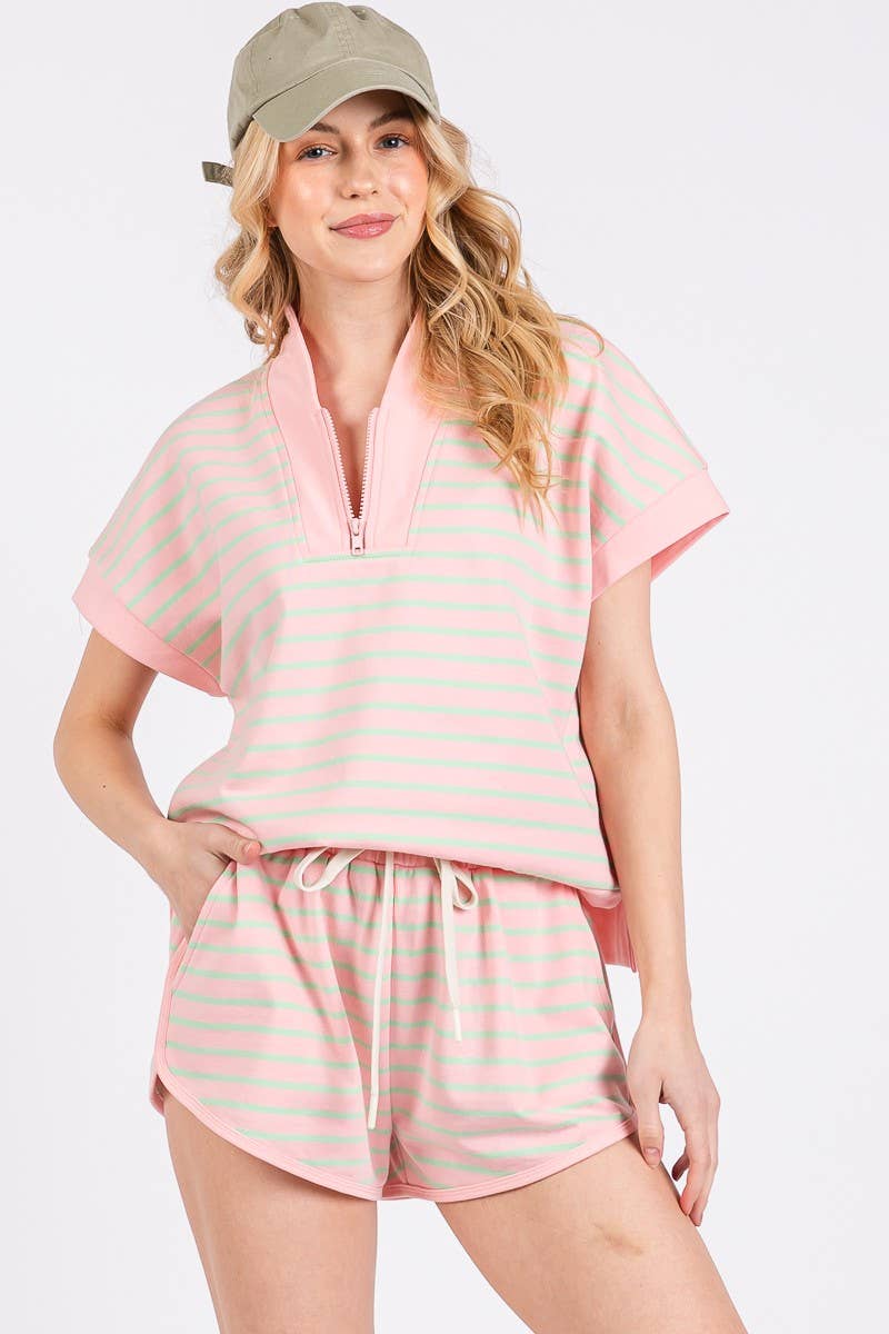Half Zip Up Striped Top and Shorts Set (Sold Separately)