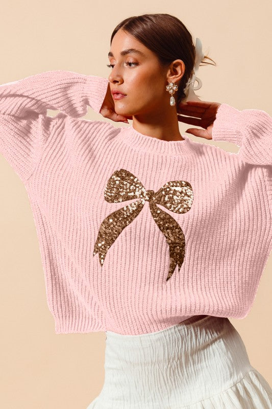 Ribbon Sequins Christmas Sweater Top - Blush/Gold