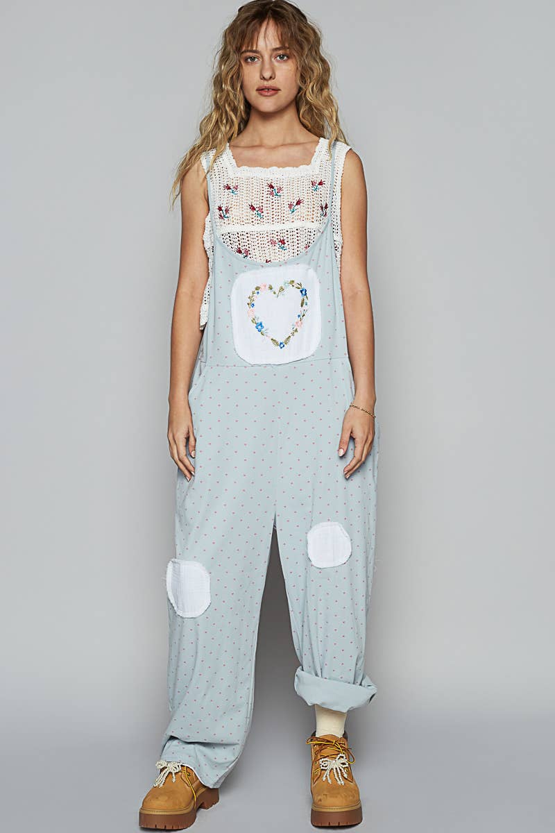 Round Neck Embroidery Print Knit Overall Pants