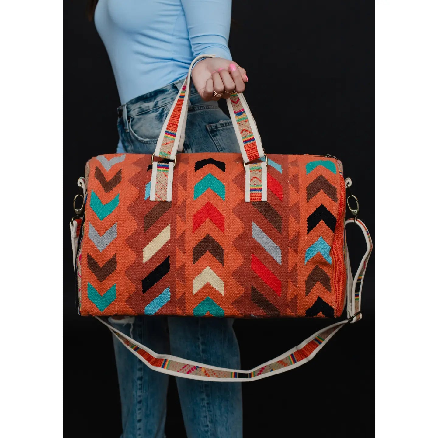 Orange & Multicolored Aztec Duffel Bag