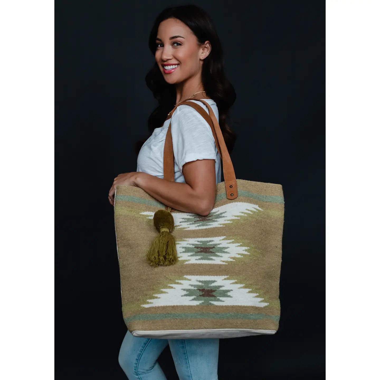 Tan & Light Green Aztec Tote Bag