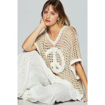 Oversize Short Sleeve Peace Sign Sweater - Beige/Cream