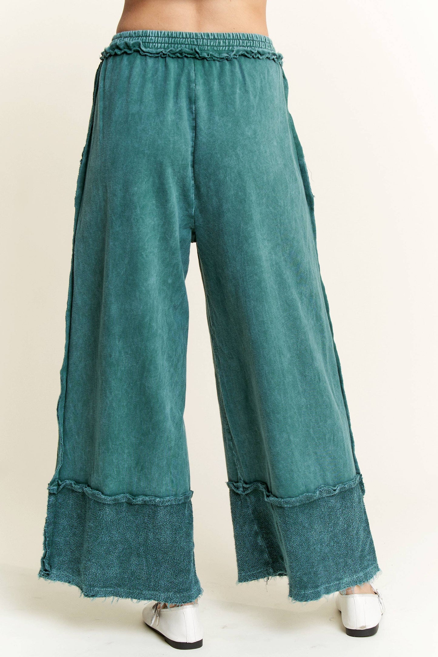 Mineral Wash Wide Pants with Raw Hem - Midnight Green