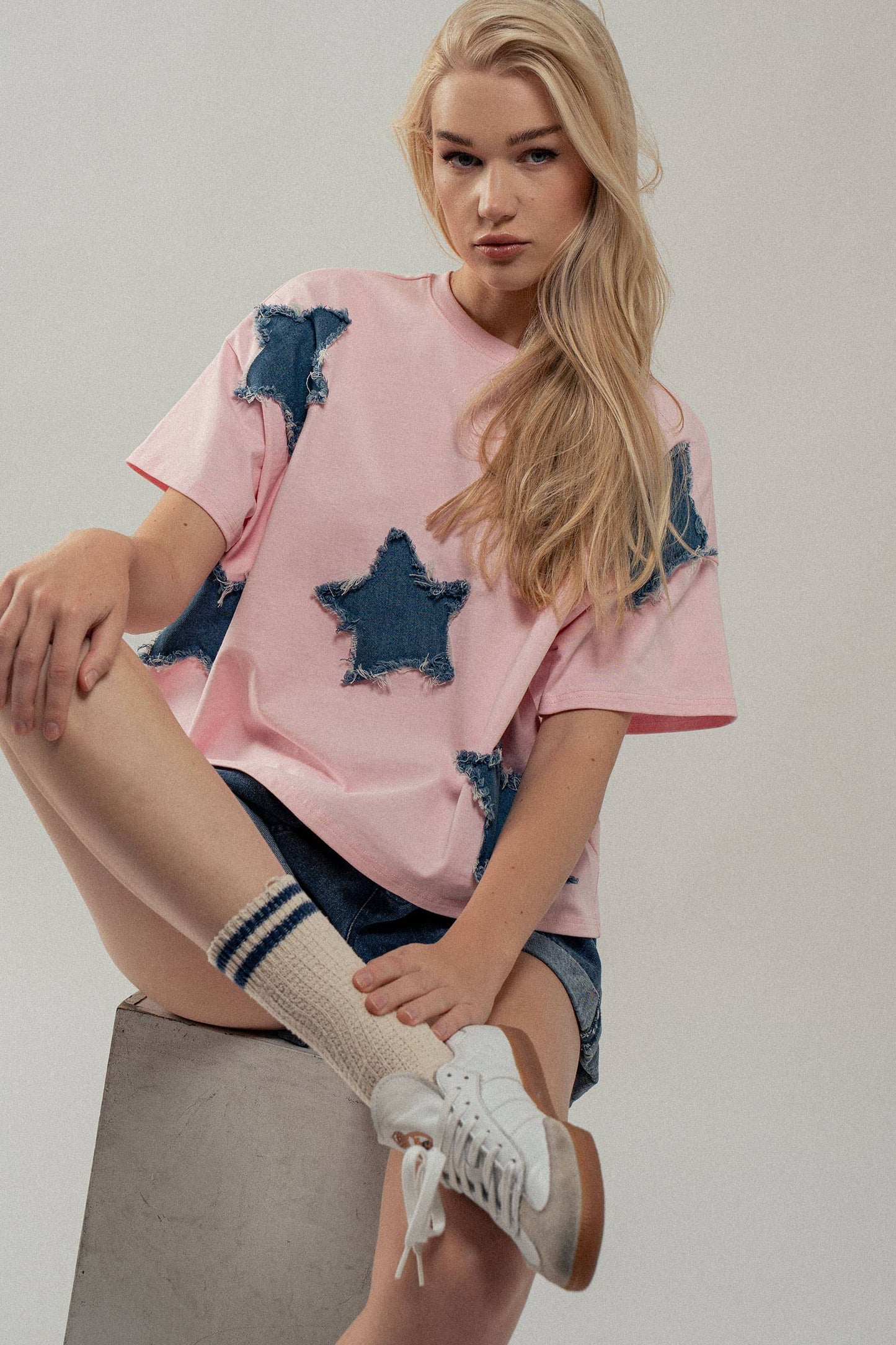 Distressed Denim Star Appliqué Tee