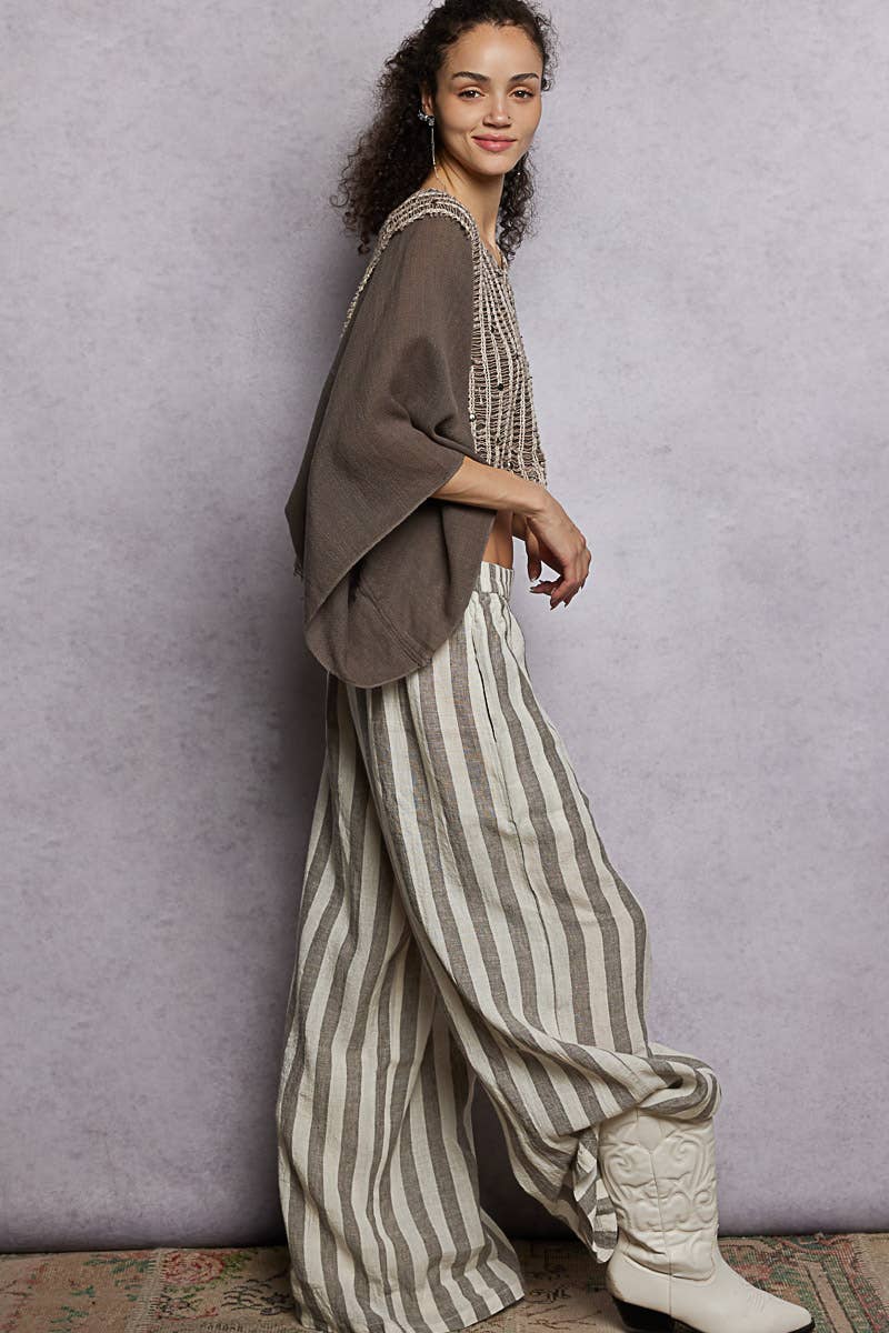 Stripe Pattern Elastic Waist Band Linen Woven Wide Pants