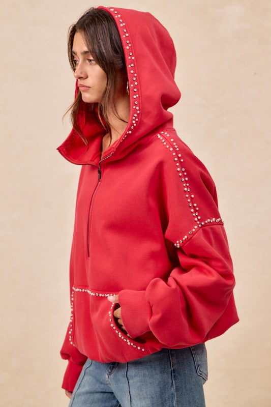 Brushed Terry Half Zip Up Jeweled Hoodie - Red