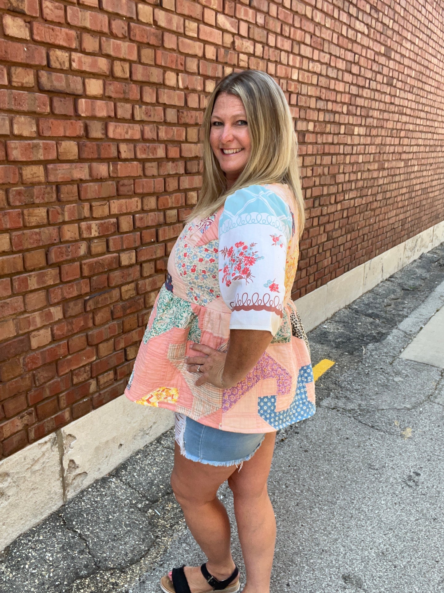 Vintage Quilted Pink Patterned Short Sleeve Top