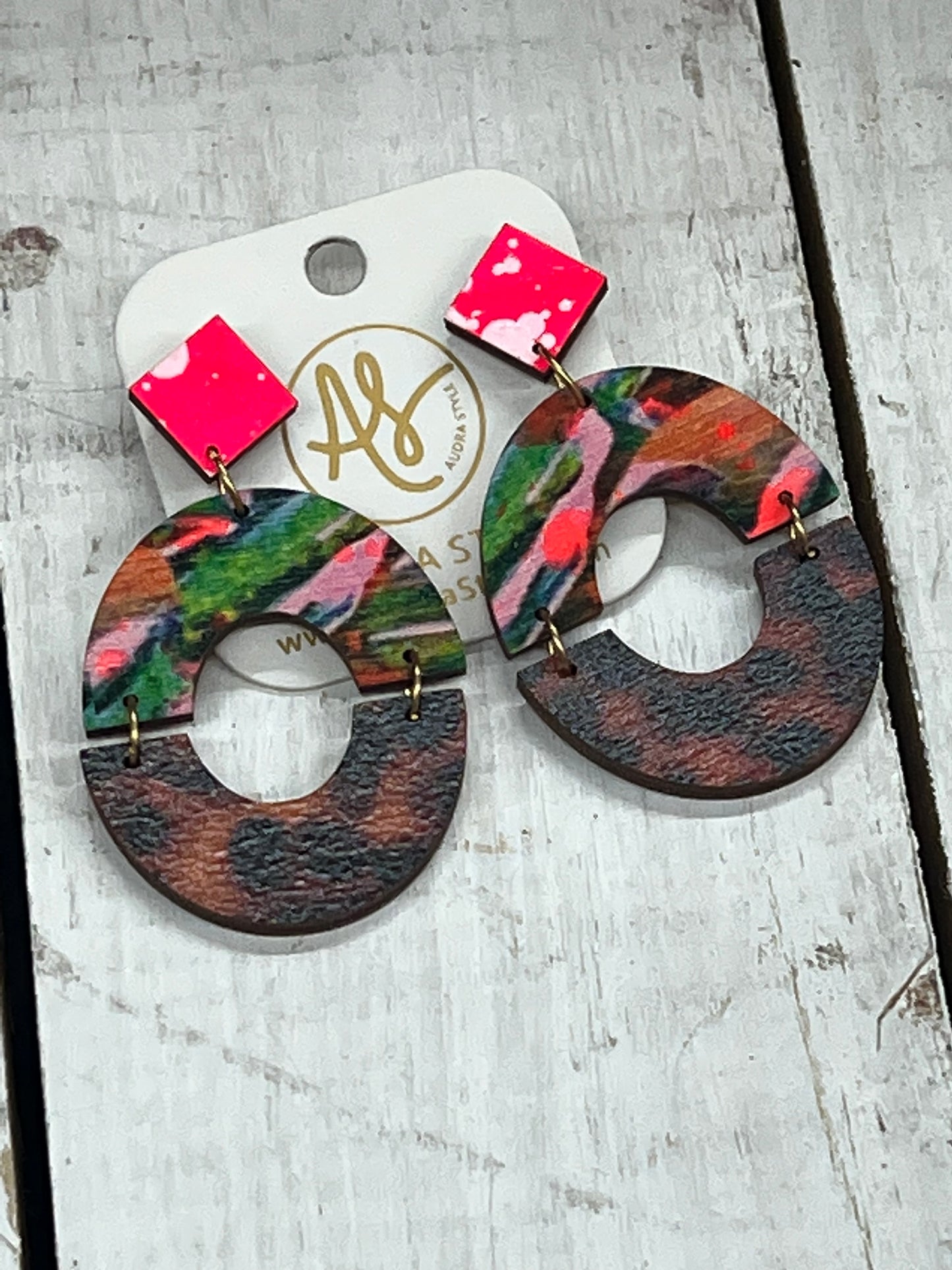 Round Two-Tone Drop Earrings - Colorful Leopard