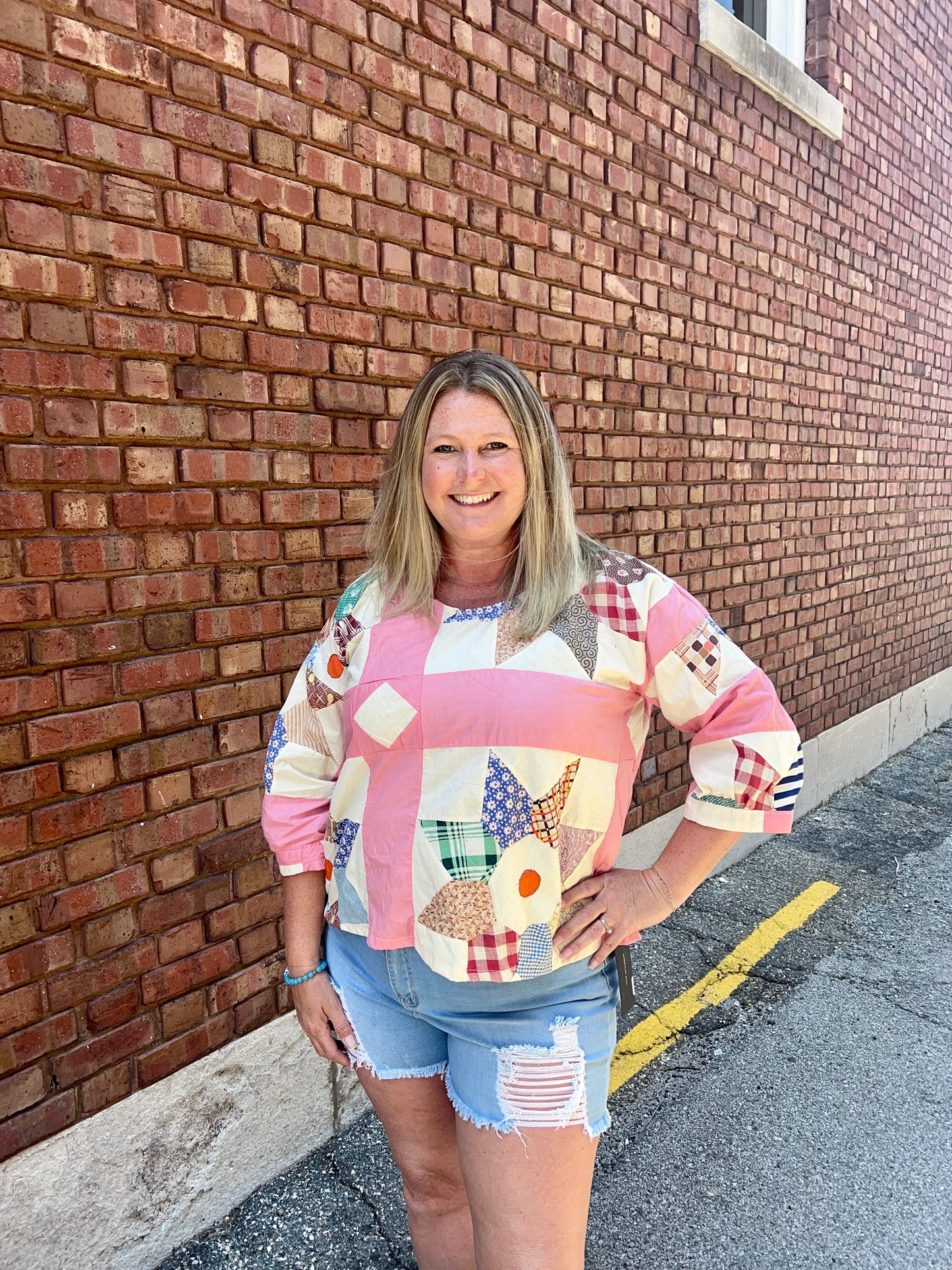 Vintage Quilted Pink Stripe Pinwheel Top