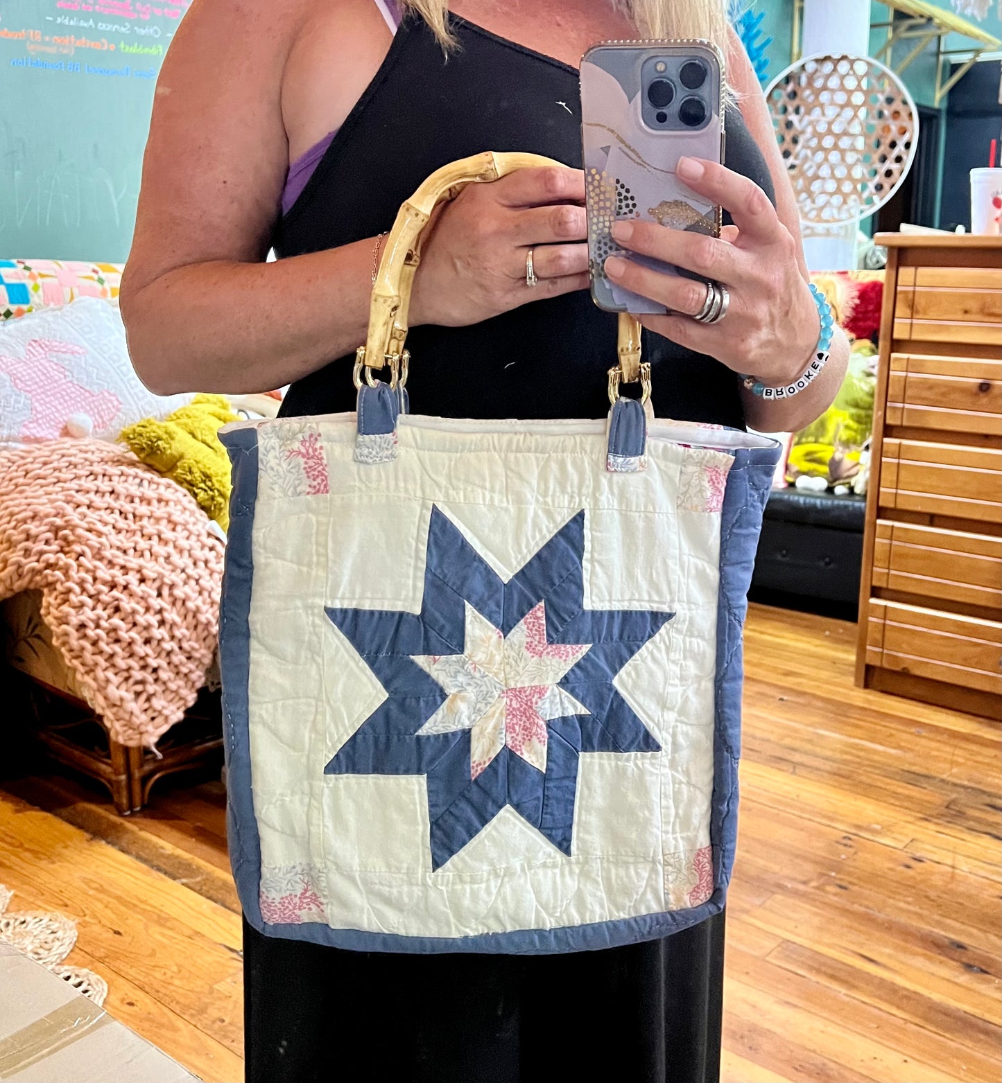 Vintage Quilt Purse - Navy/White