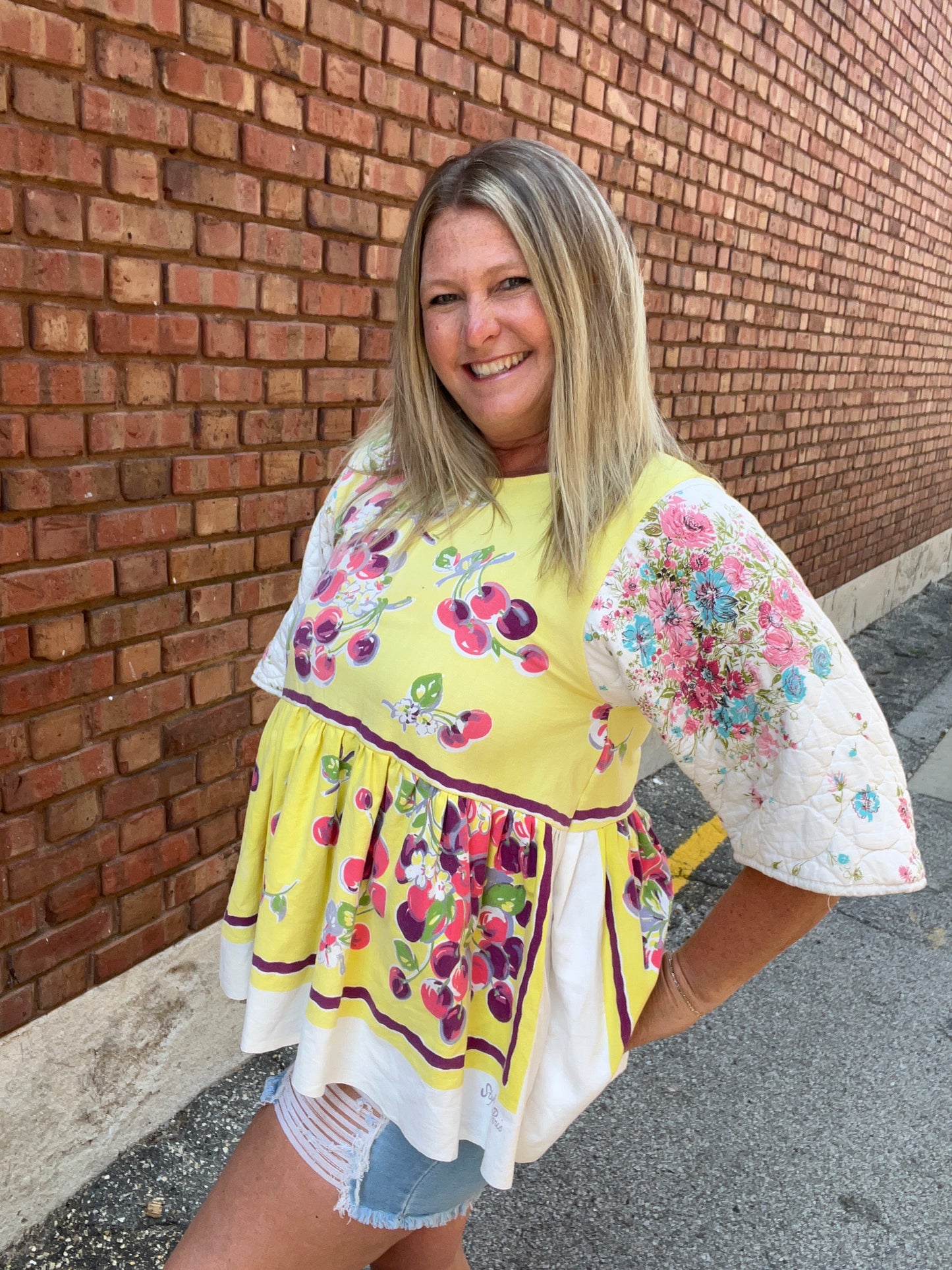 Vintage Quilted Sleeve Lightweight Yellow Cherry Top