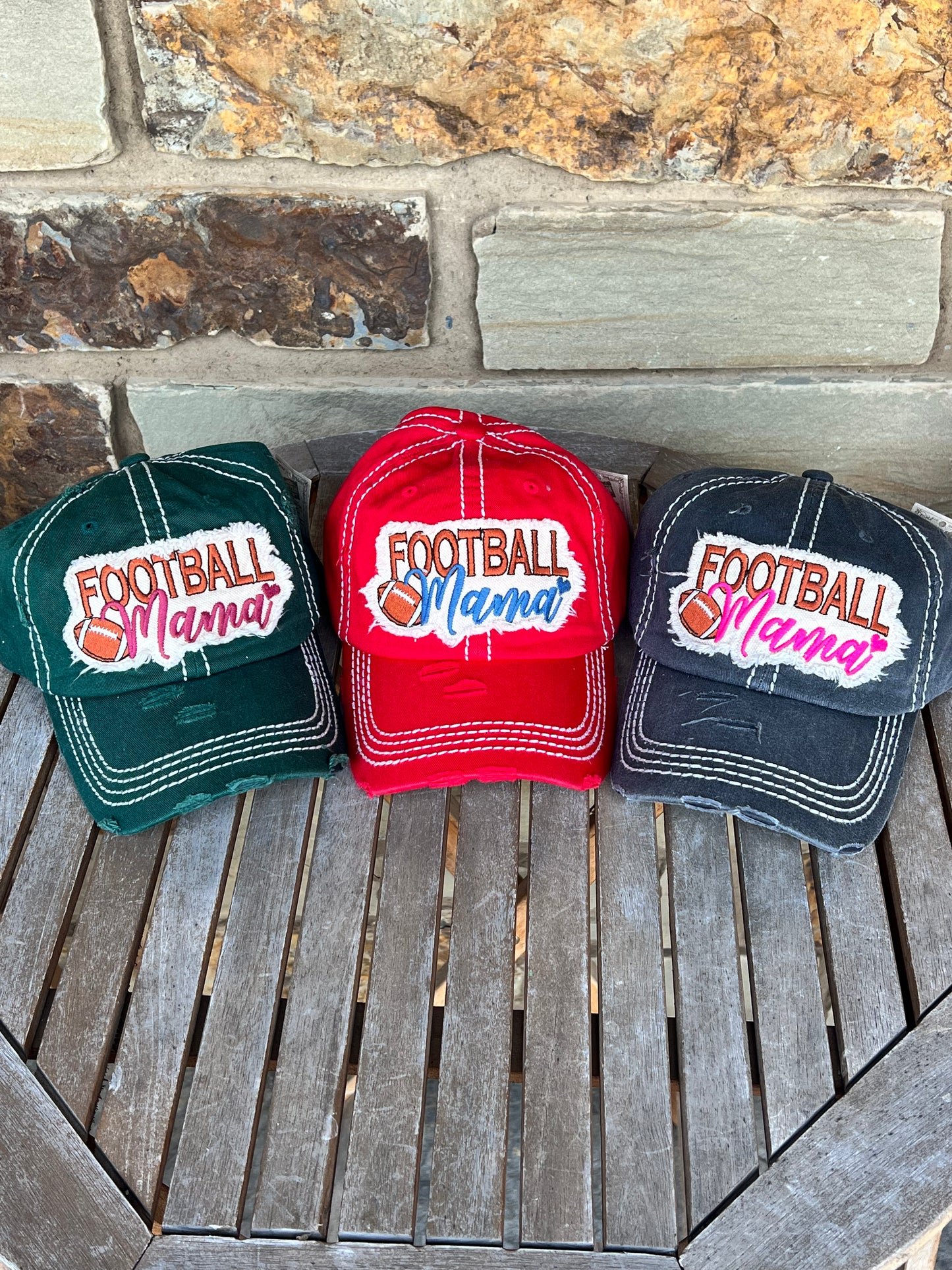 Football Mom Distressed Ball Caps