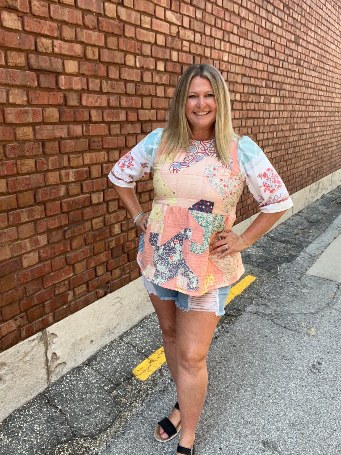 Vintage Quilted Pink Patterned Short Sleeve Top