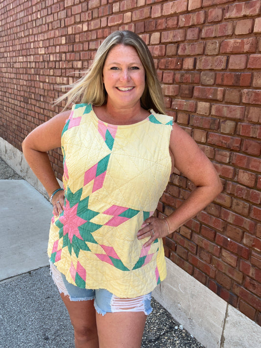 Vintage Quilted Yellow Pattern Sleeveless Top