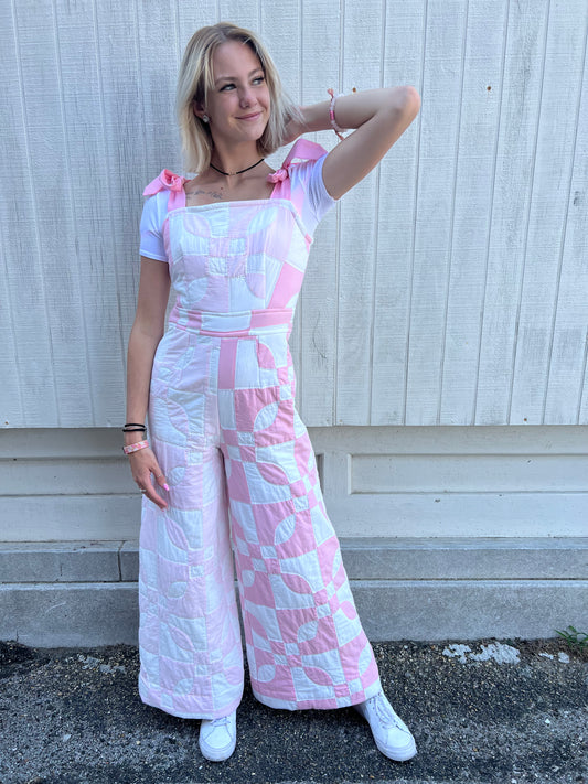 Vintage Quilted Pant Overalls - Pink/White