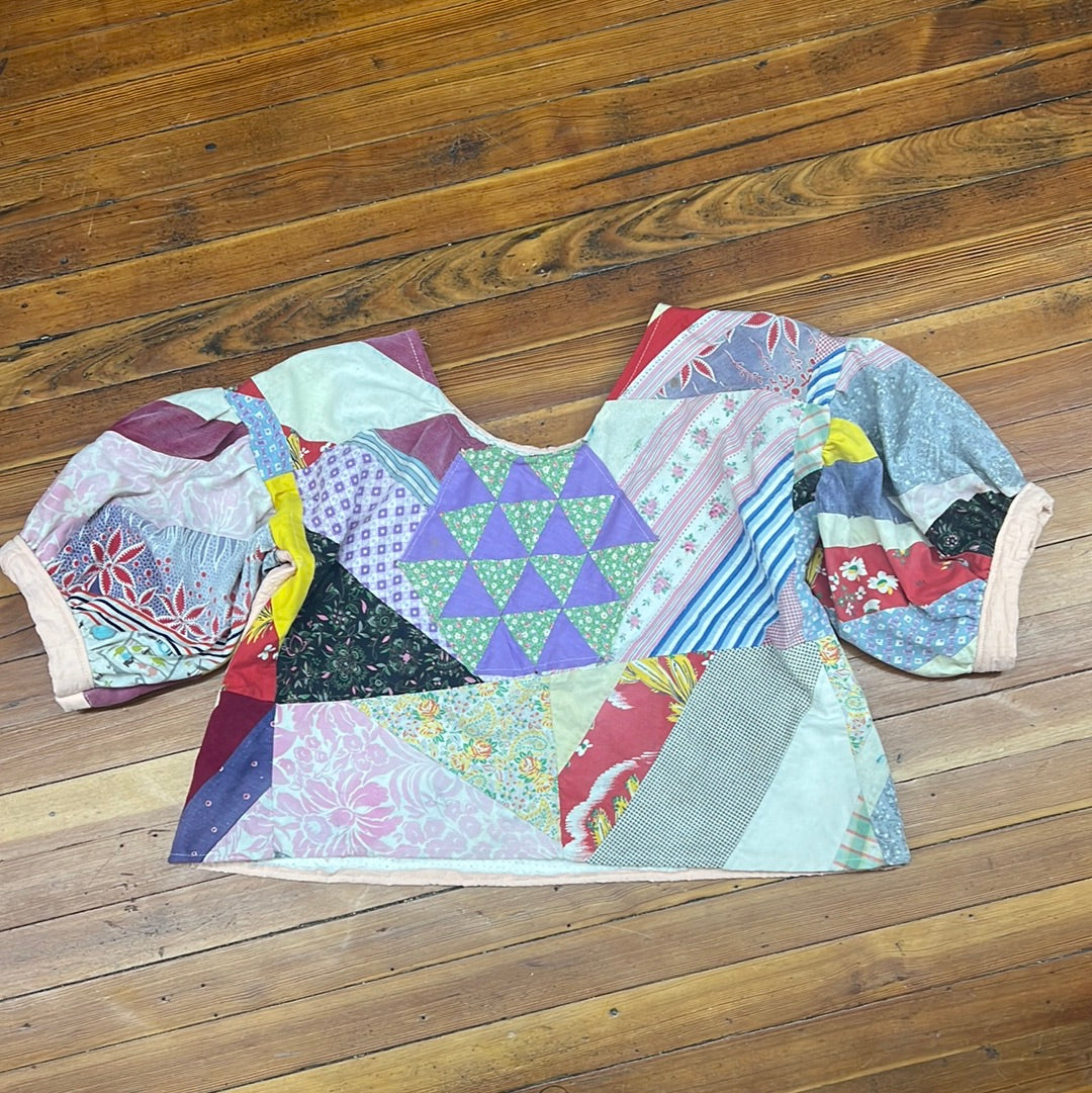 Vintage Quilted Patchwork Puff Sleeve Top
