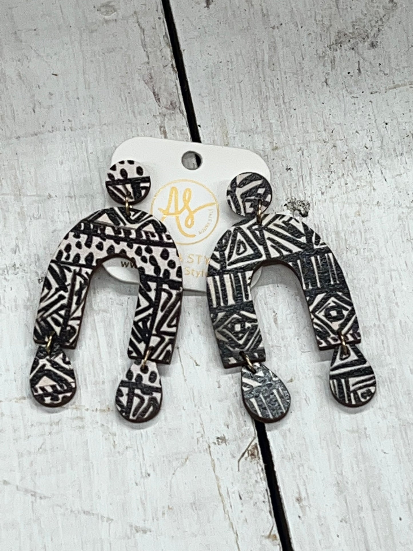 Wooden Tribal Patterned Dangle Earrings