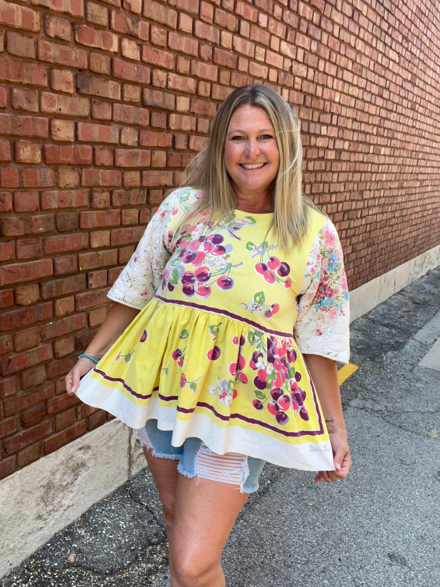 Vintage Quilted Sleeve Lightweight Yellow Cherry Top