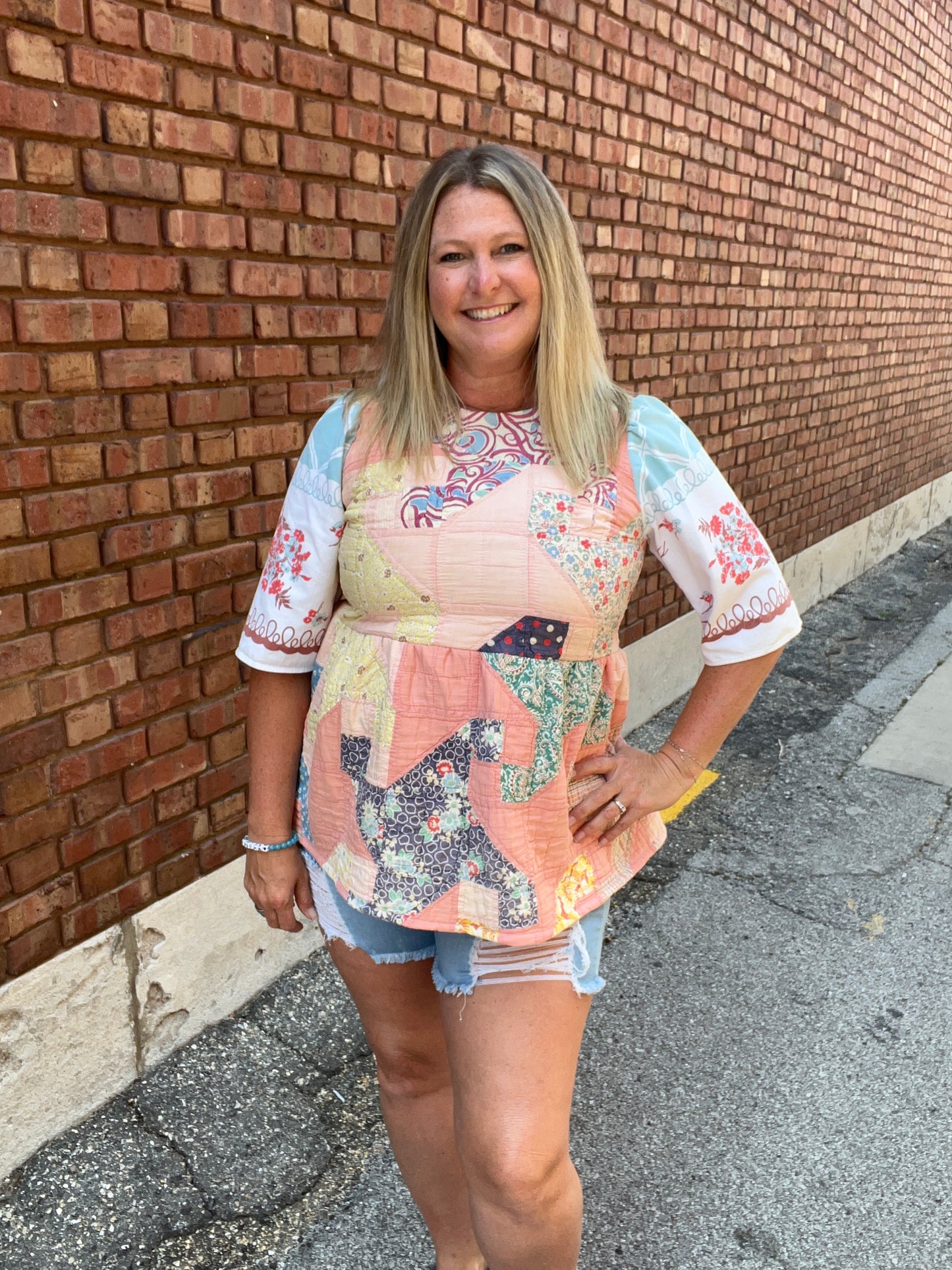 Vintage Quilted Pink Patterned Short Sleeve Top