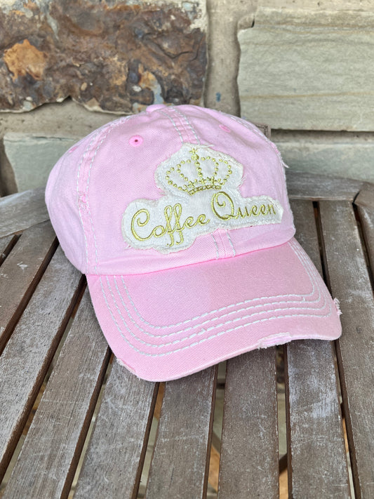 Coffee Queen Distressed Ball Cap - Light Pink