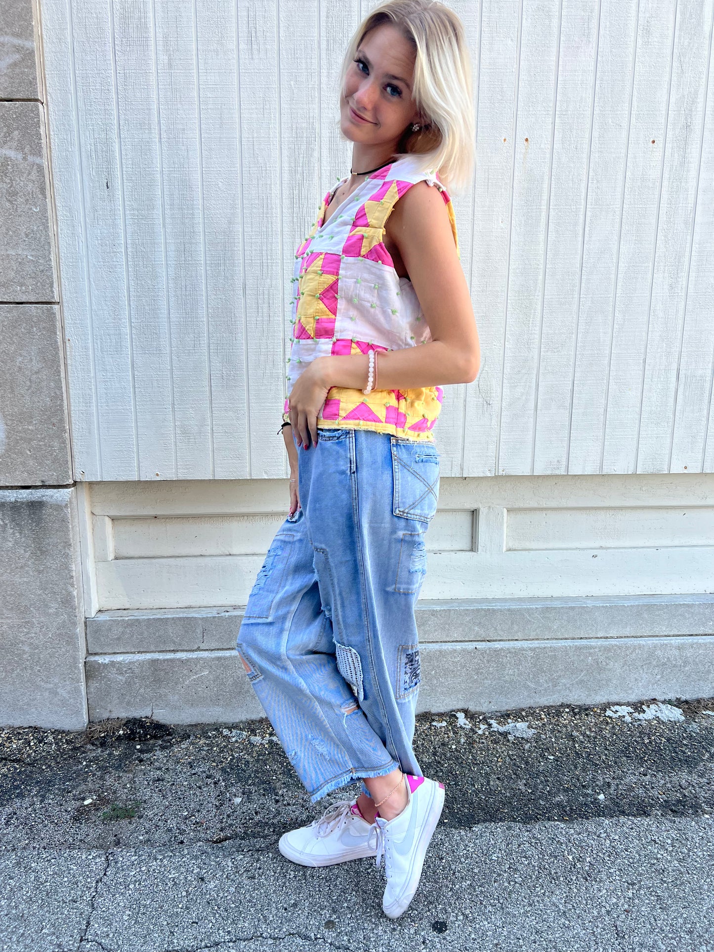 Vintage Quilted Pom Dot Sleeveless Top