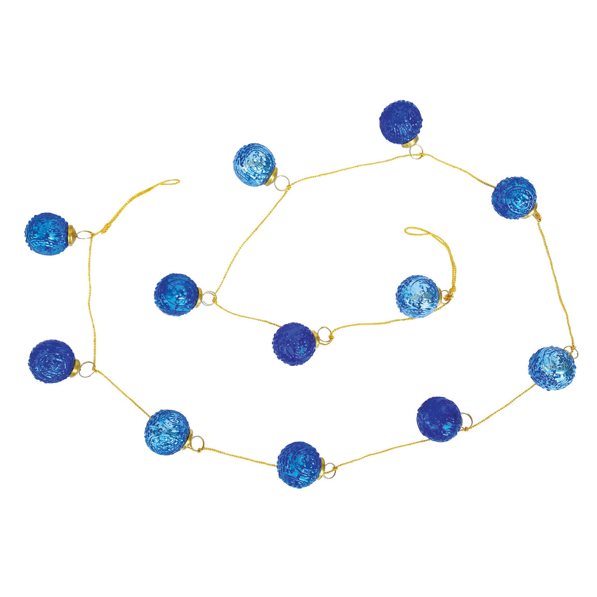 Embossed Mercury Glass Ornament Garland with Gold Cord, Blue
