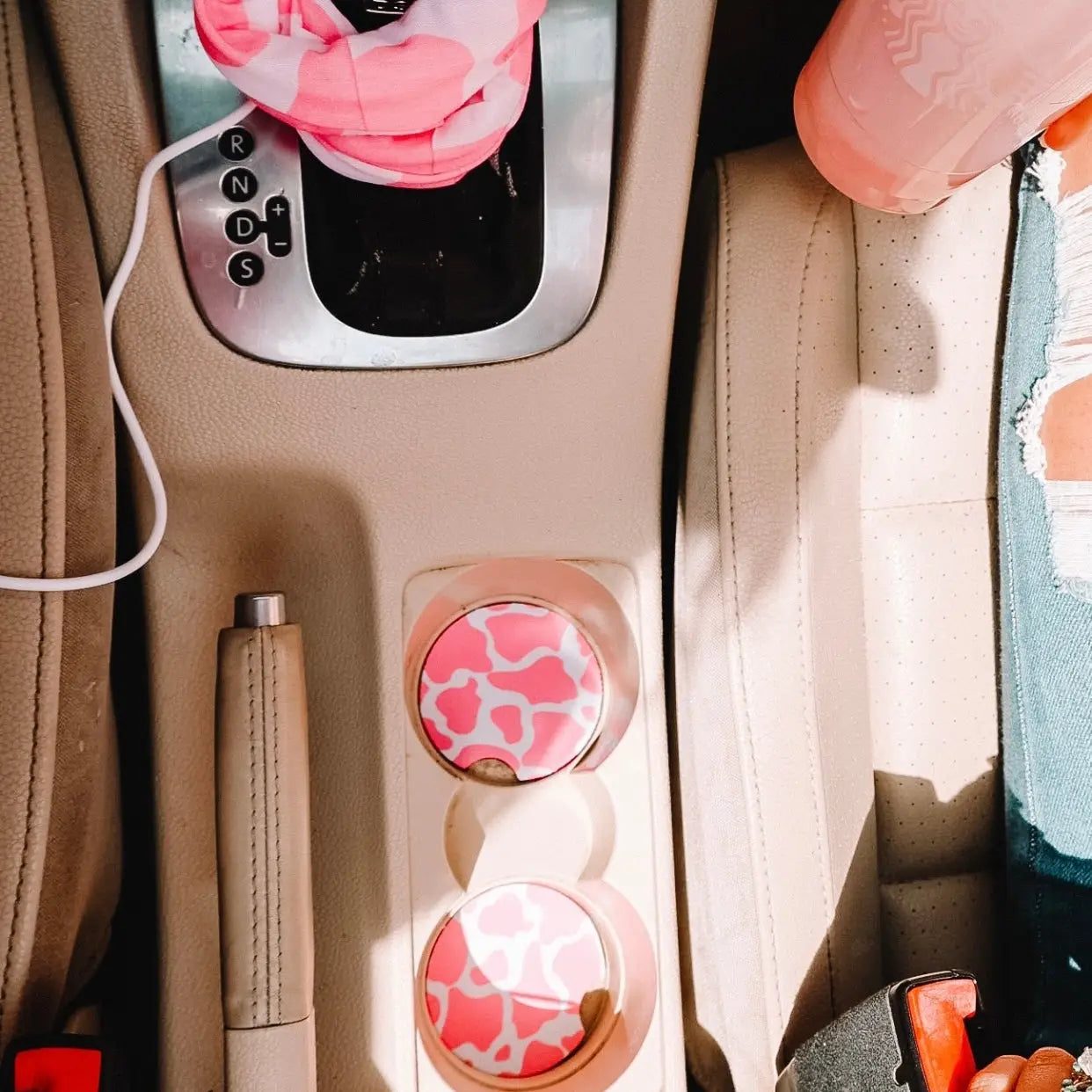 Pink Cow Print Car Coasters 2-Pack