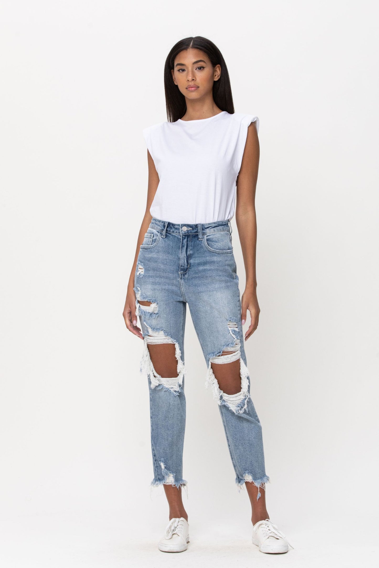 High Rise Distress Light Blue Crop Straight Jeans