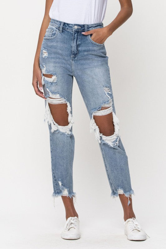 High Rise Distress Light Blue Crop Straight Jeans