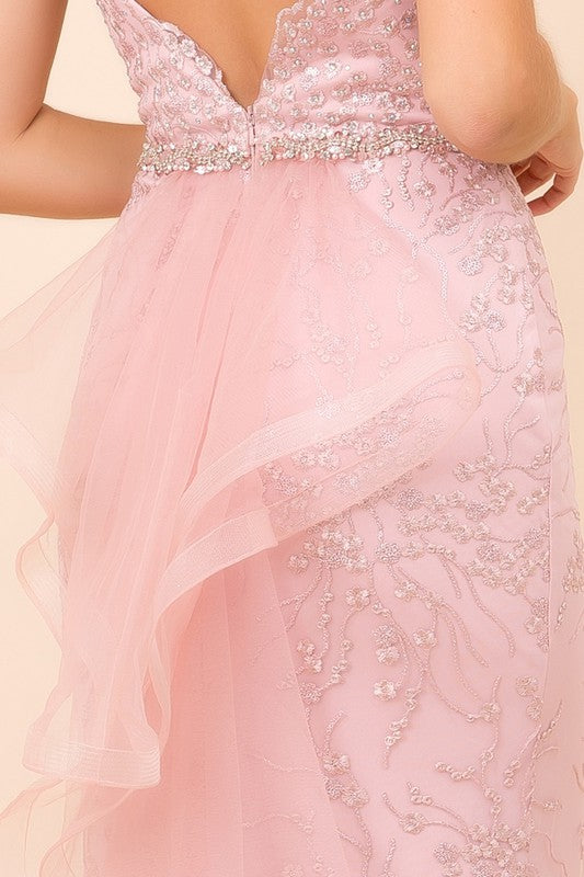 Spaghetti Strap Open Back Jeweled Dress - Rose