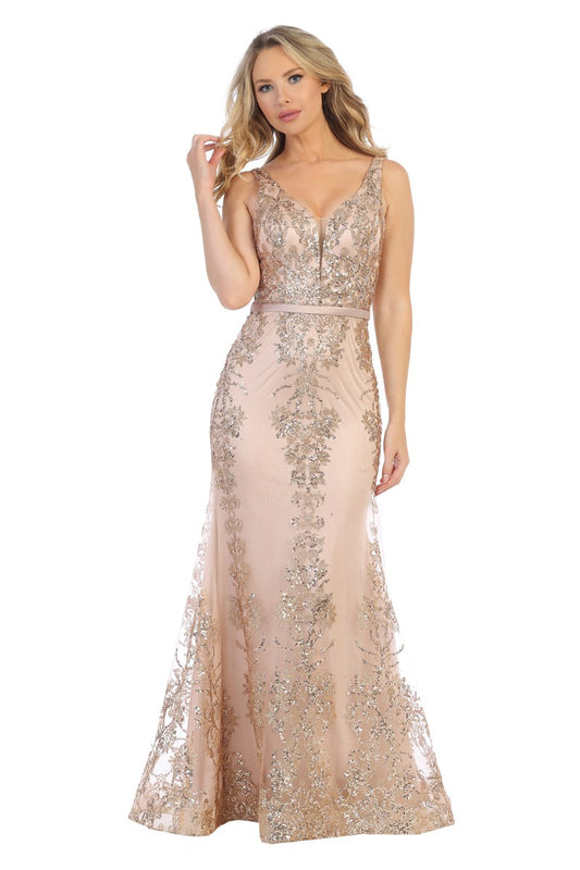 Trumpet/Mermaid Glitter V-Neck Sweep Train Dress - Rose Gold