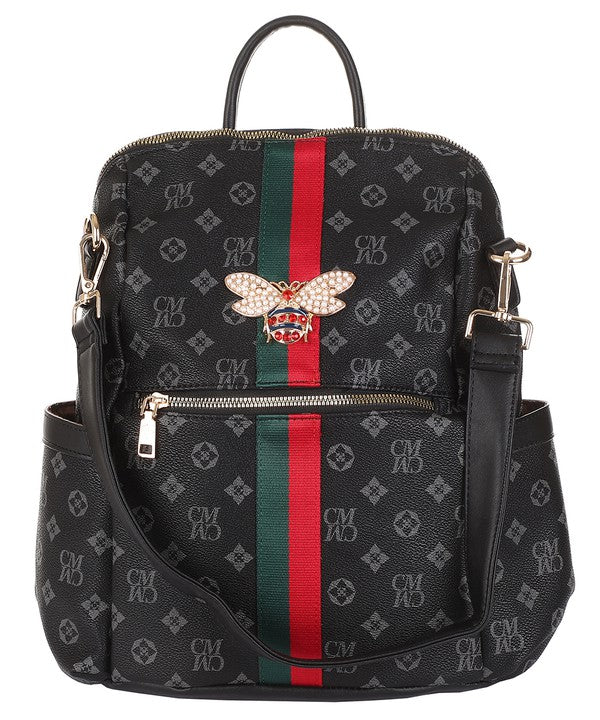Monogram Queen Bee Striped Convertible Backpack  - Black