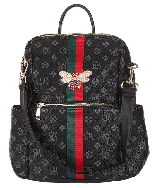 Monogram Queen Bee Striped Convertible Backpack  - Black