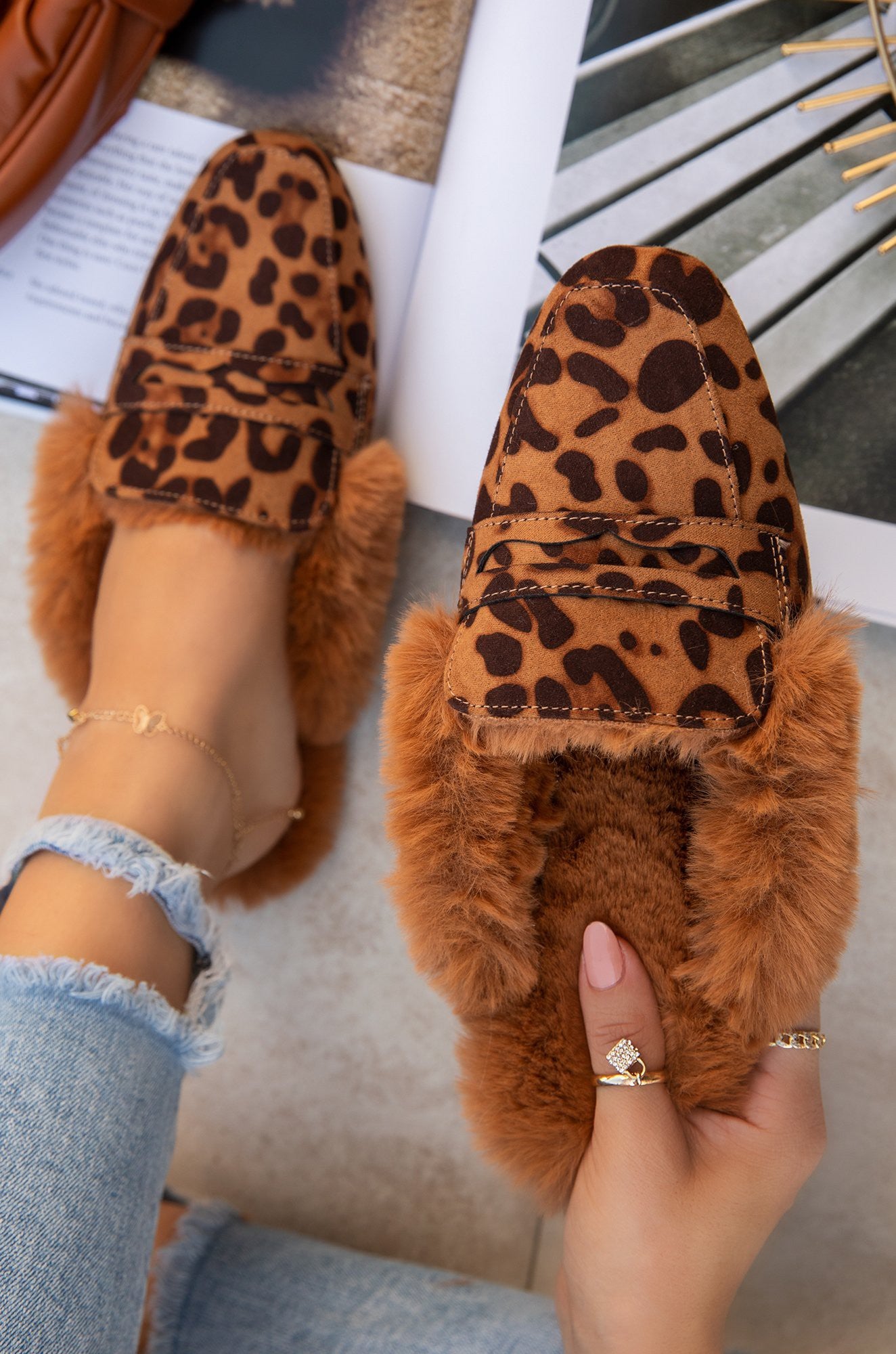 Fur Lined Animal Print Flat Mules - Leopard