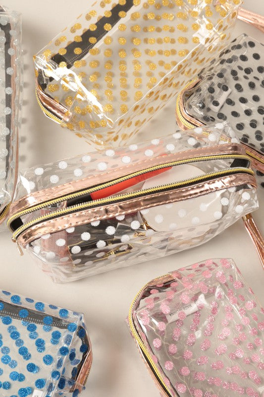 Glittered Polka Dots Clear PVC Makeup Pouch
