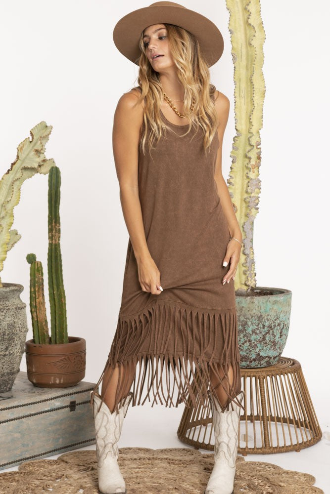 Mineral Dyed Fringe Dress - Camel