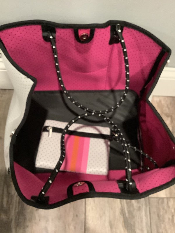 White with Pink & Orange Stripe Neoprene Tote