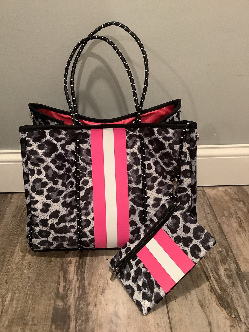 Grey/Black Leopard Neoprene Tote with Pink Stripe – The Society Marketplace