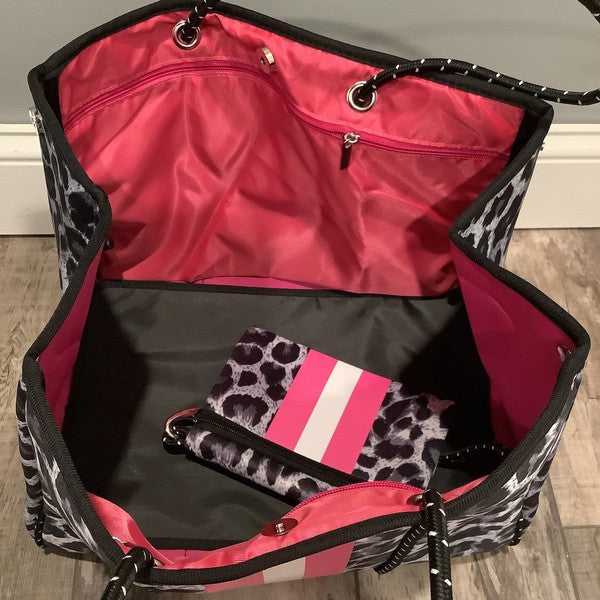 Grey/Black Leopard Neoprene Tote with Pink Stripe