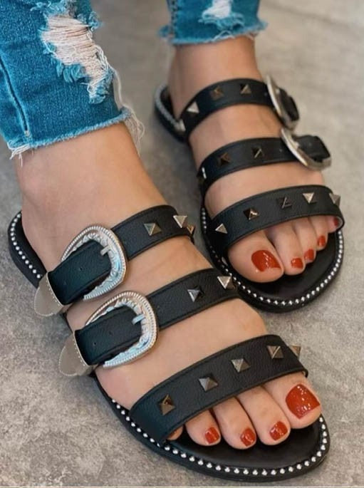 Black Studded Sandal with Buckles